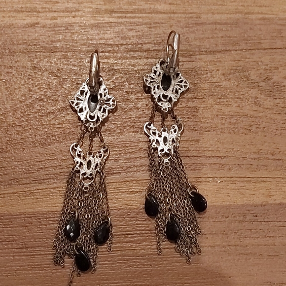 Silver Tone Dangle Earrings with Black Stones - Picture 2 of 3